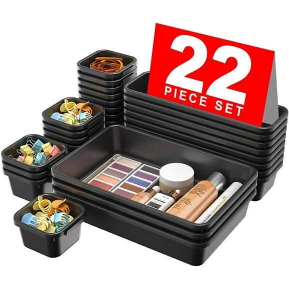 22 Piece Black Plastic Drawer Organizer Set for Makeup Office Bathroom Storage - Picture 1 of 8